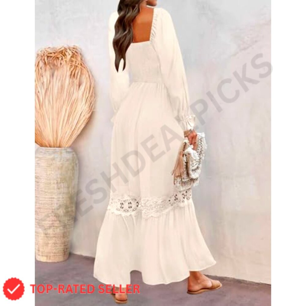 Boho Maxi Dress Long Sleeve Square Neck Smocked High Waist Flowy Lace Trim - Picture 4 of 7